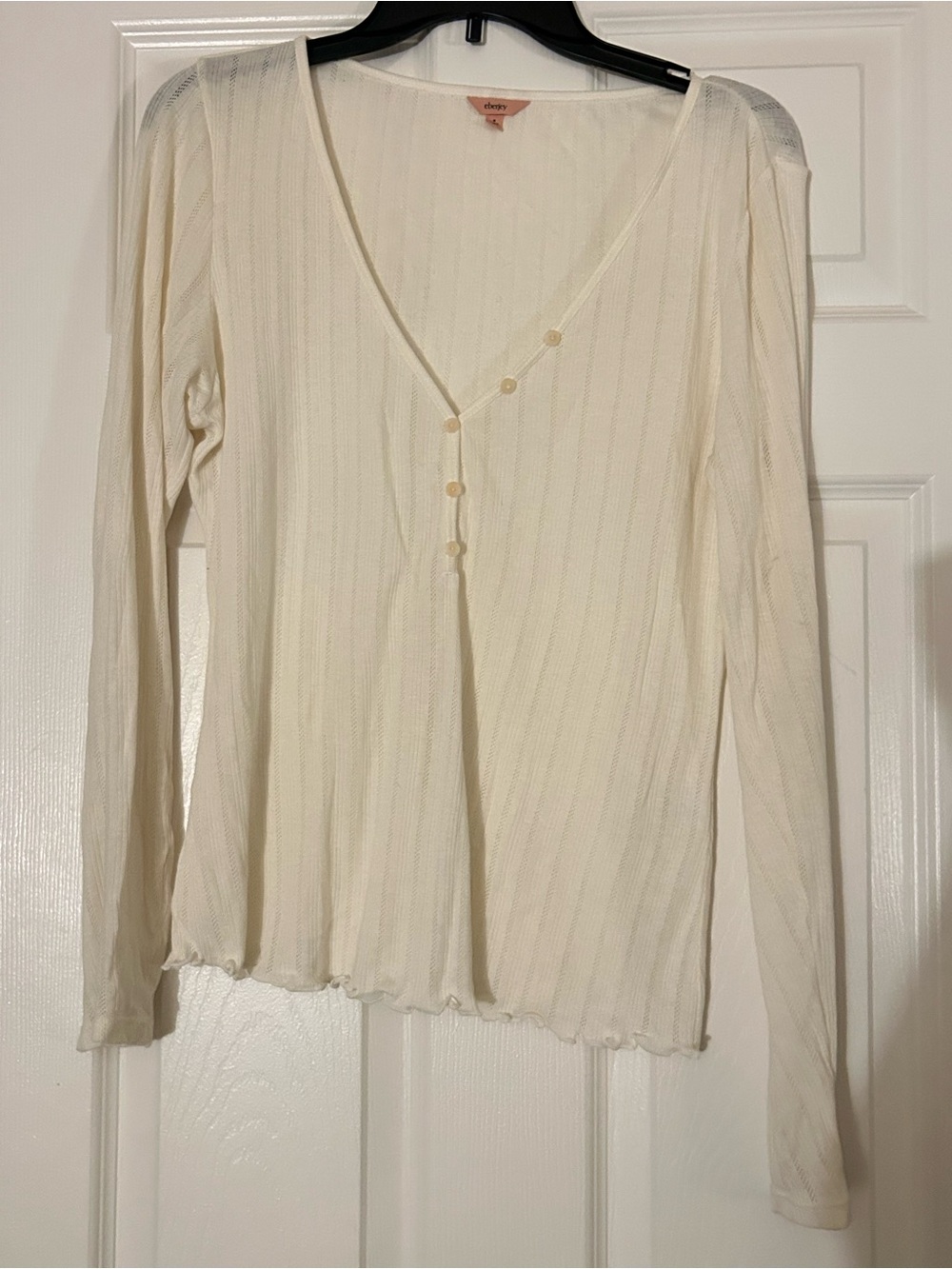 Eberjey Cream Ribbed V-Neck Long Sleeve Top